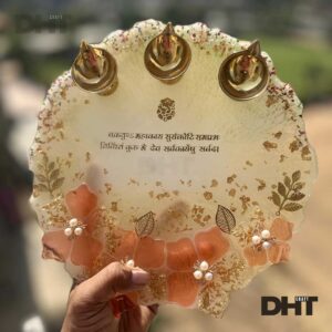 Resin Pooja Arati Plate with diya, Pink and golden yellow Color