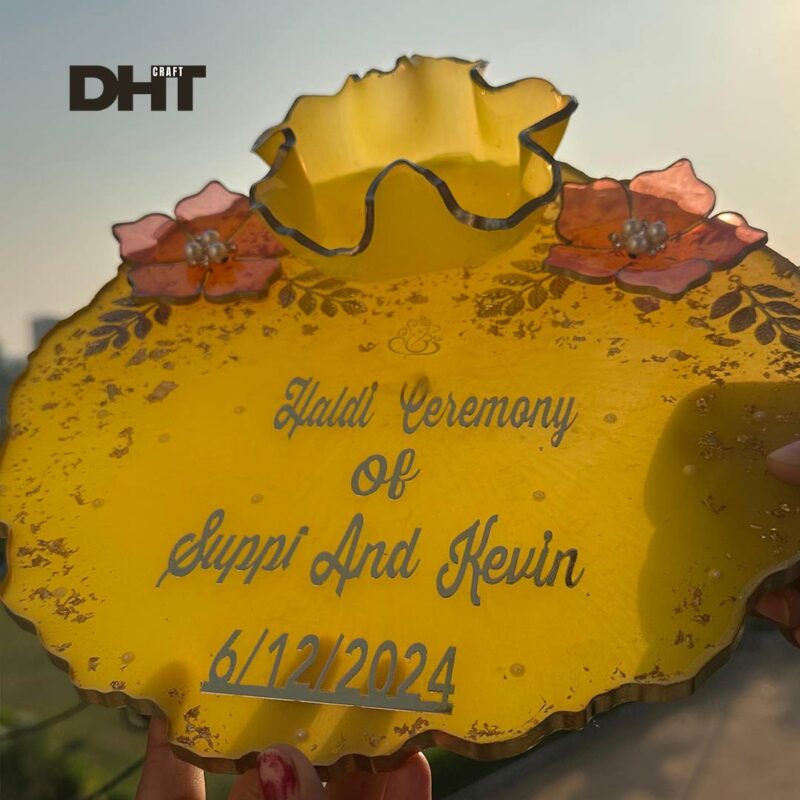 Yellow Haldi Plate with Bowl with two pink flower made by resin with Bride and Groom name, date of ceremony
