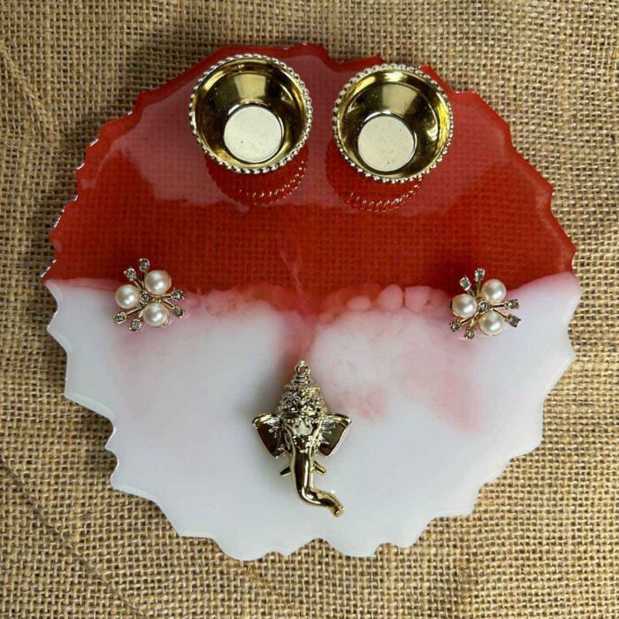 Resin made decorative Kukkum Plate red with Ganpati