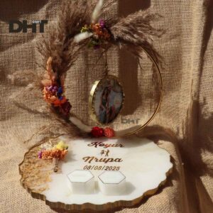 engagement ring platter made by resin with couple name and decorative real Flowers white color
