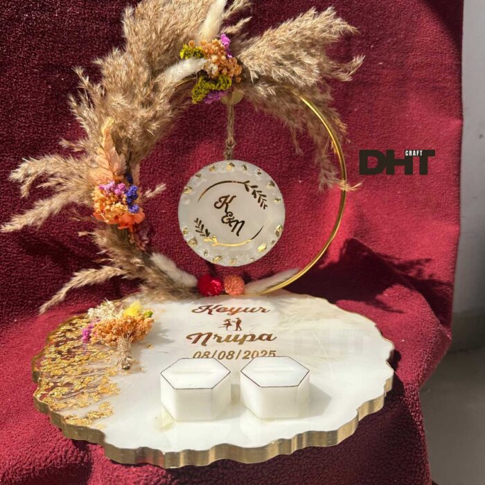 Resin engagement ring platter back with latter logo of couple name
