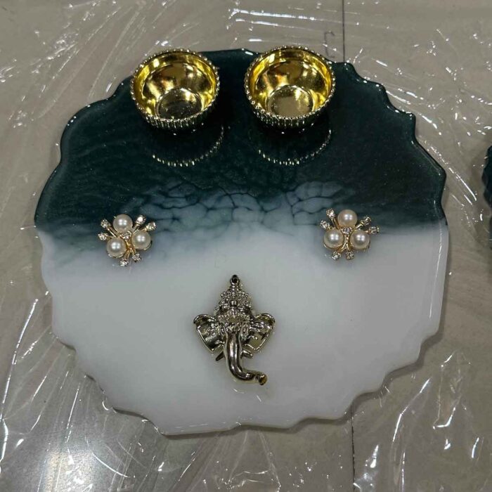 Resin Kumkum Tilak Thali Green-White 6 Inch - Image 2
