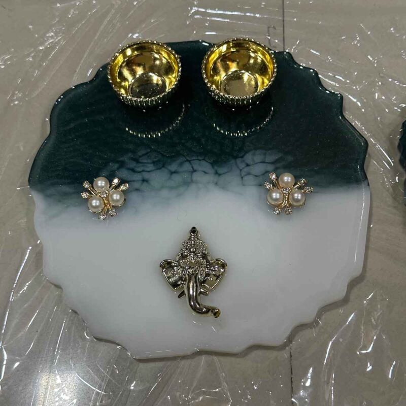 Resin Kumkum Tilak Thali Green-White 6 Inch - Image 2