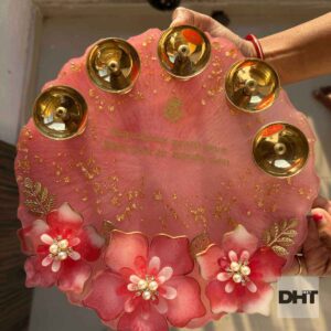 Pink resin arati thali with 5 brass Diyas