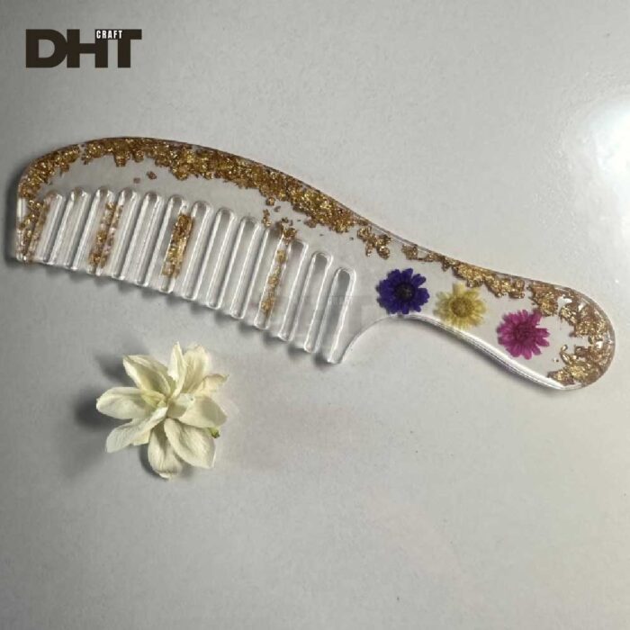 Handmade resin comb with real dried flowers and gold foil