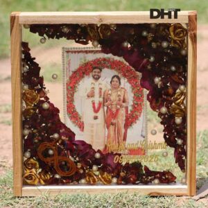 Handcrafted varmala preservation wood frame with wedding photo, dried flowers, pearls, and personalized couple name
