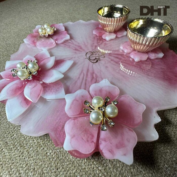 Pooja thali Resin pink color with two flower brooches