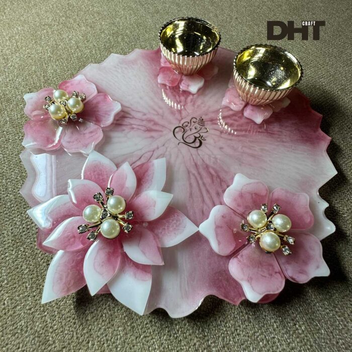 Resin made pink pooja thali with brand logo