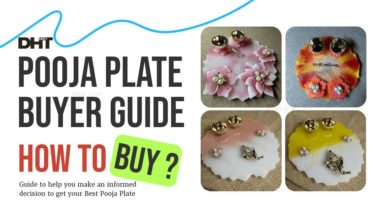 Four Pooja Plates in a rounded Border grid style with text for information