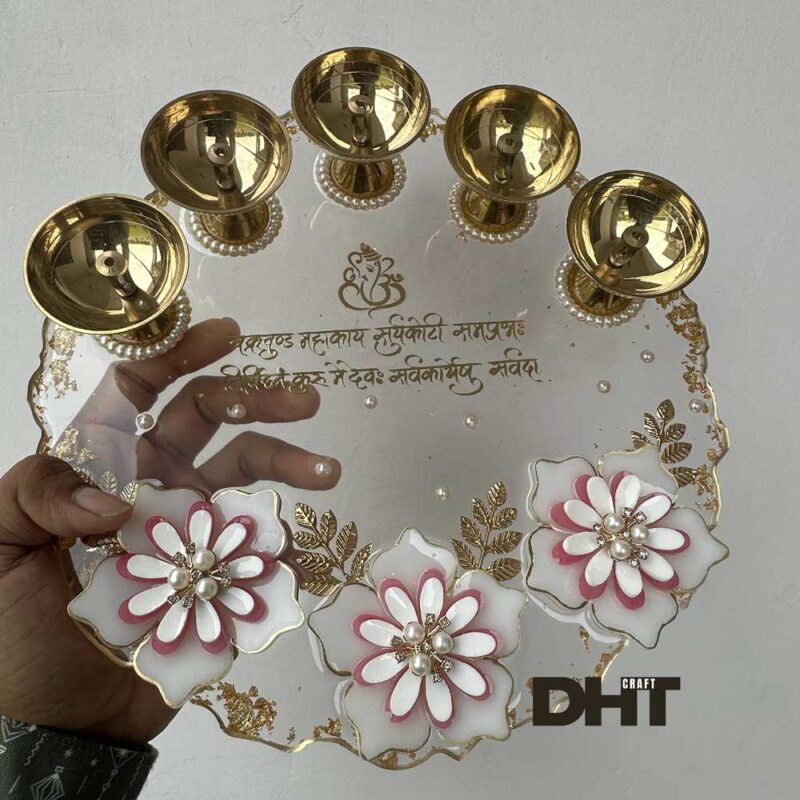 5 Diya Arti thali in hand with ganeshji and ganesh mantra