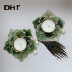 Green Colored Tealight candle holder with peacock feather