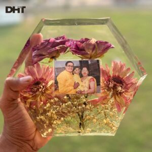 Handmade resin photo frame with real preserved flowers and personalized photo