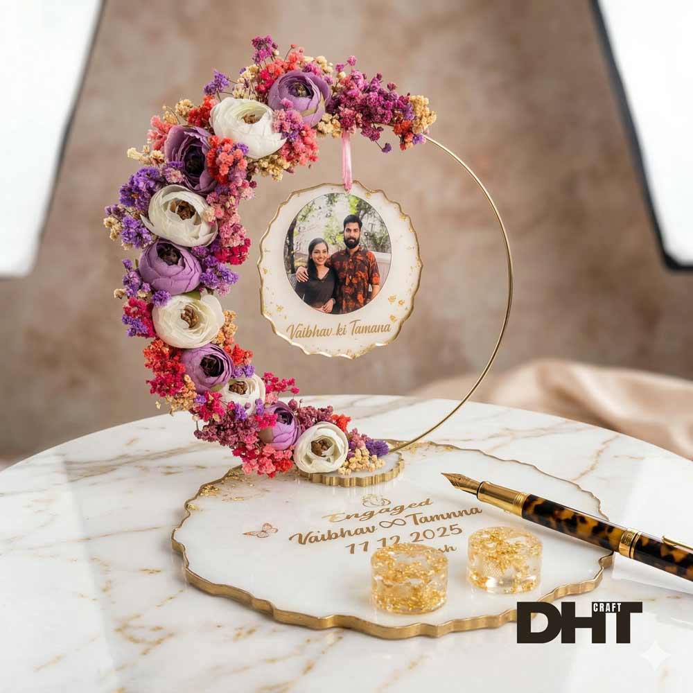 engagement ring platter with preserved flowers, couple photo frame and customized engagement base