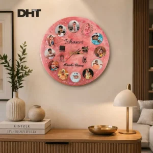 Personalized resin baby wall clock displayed in modern home interior