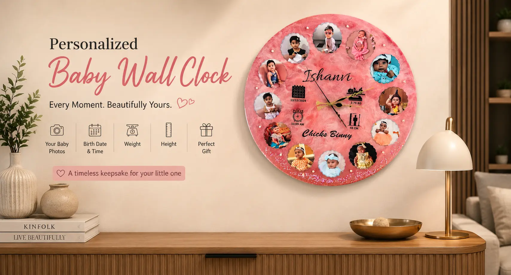 Personalized resin baby wall clock banner displayed in modern nursery style home interior