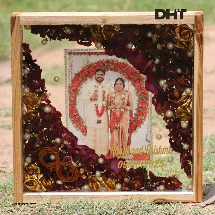 Handcrafted varmala preservation wood frame with wedding photo, dried flowers, pearls, and personalized couple name